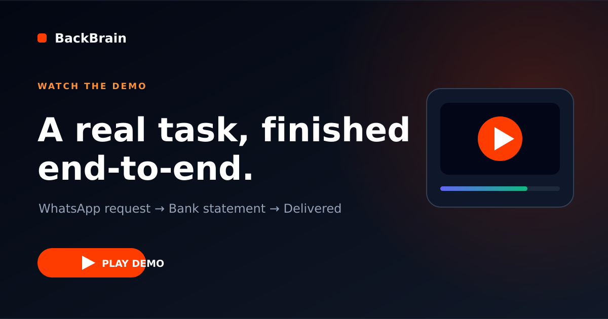 BackBrain private-beta demo: a statement request and an approved WhatsApp Desktop send